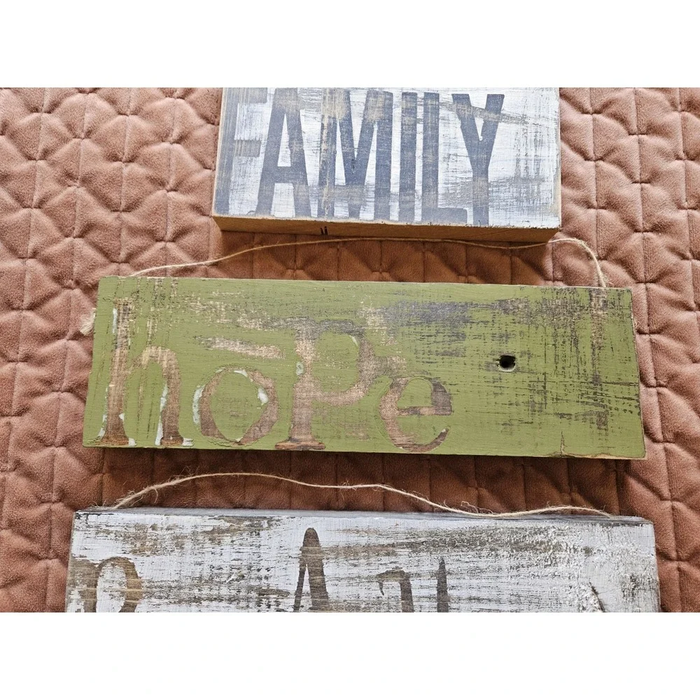 Four Piece Hand Painted Wood Signs (Family - Hope - Pray - Joy) Measure. Below